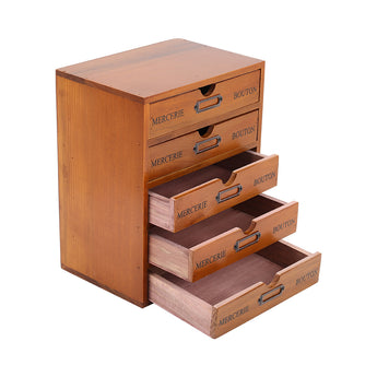 Rustic wooden 5-drawer organizer box with drawers pulled open, metal handles