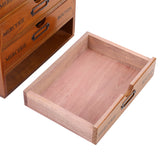 Open drawer of a rustic wooden 5-drawer organizer box with metal pull hardware