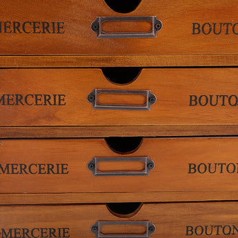Close-up of metal drawer handles on a rustic wooden organizer box