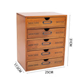 Rustic wooden 5-drawer organizer box with dimensions: 25cm wide and 31cm high