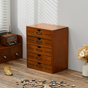 Rustic wooden 5-drawer organizer box with metal handles and curved drawer pulls