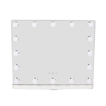 Rectangular lighted vanity mirror with chrome bulbs and clear reflective glass