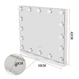 LED vanity mirror with white bulbs and size markings showing 50cm width and 4cm height