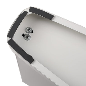 LED vanity mirror corner detail with mounting screws and black light frame
