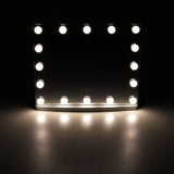 LED vanity mirror with lit bulbs around the rectangular glass and touch control icons