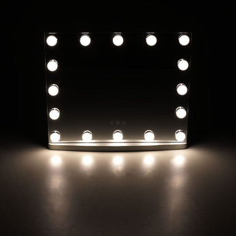 LED vanity mirror with lit bulbs around the rectangular glass and touch control icons