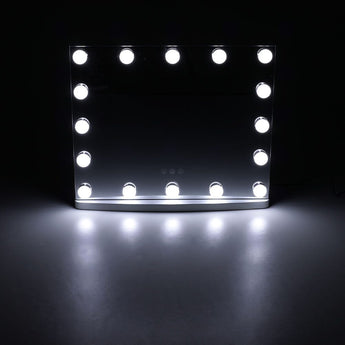 LED vanity mirror front view with evenly lit round bulbs around the glass border