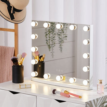 LED vanity mirror with rectangular frame and round light bulbs, touch control