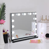 Rectangle LED makeup mirror with black frame and round corner bulbs, tabletop base