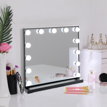 Rectangle LED makeup mirror with black frame and round corner bulbs, tabletop base