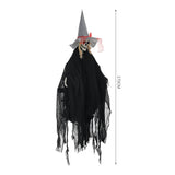 Hanging witch decoration, black hooded dress with lace sleeves, grinning face, red hat