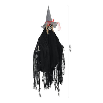 Hanging witch decoration, black hooded dress with lace sleeves, grinning face, red hat
