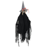 Black hanging witch decoration with skull face, pointed hat, and fringed bottom hem