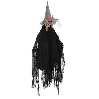 Black hanging witch decoration with skull face, pointed hat, and fringed bottom hem