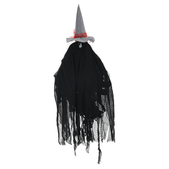 Black hanging witch decoration with pointed hat and long fringed tattered fabric