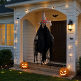 Black hanging witch decoration with skull face, pointed hat, and long tattered fabric