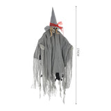 Hanging witch decoration, grey hooded dress with red hat band and tattered lower skirt