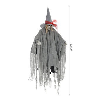 Hanging witch decoration, grey hooded dress with red hat band and tattered lower skirt