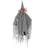 Dark gray hanging witch decoration with skull face, pointed hat, and fringed tattered veil