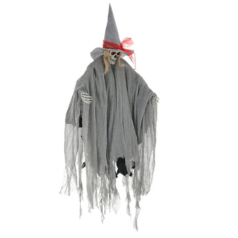 Dark gray hanging witch decoration with skull face, pointed hat, and fringed tattered veil