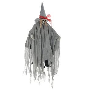 Dark gray hanging witch decoration with skull face, pointed hat, and fringed tattered veil