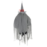 Hanging witch decoration, dark grey hooded dress with lace fringe and black hands
