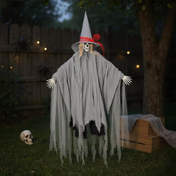 Dark gray hanging witch decoration with skull face, pointed hat, and tattered draped fabric