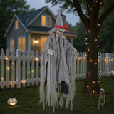 Dark gray hanging witch decoration with skull face, pointed hat, and long tattered veil