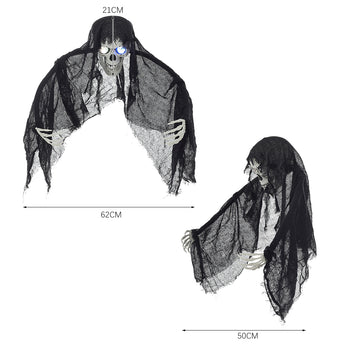 Skull ghost hanging decoration with glowing eyes, size 21cm x 62cm x 50cm