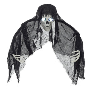Black hanging skull ghost decoration, glowing light-up eyes, white bony hands