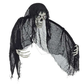 Skull ghost hanging in black cloak, skeletal hands extended, light-up eyes