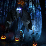 Hanging skull ghost with blue glowing eyes, black hood and skeletal hands