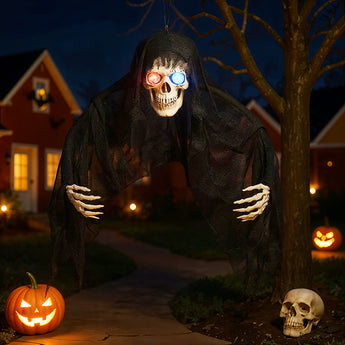 Halloween skull ghost decoration with light-up eyes, black hooded hanging cloak
