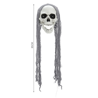 85 cm hanging skull decoration with gray hair strands and black eye details