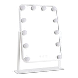 Freestanding vanity makeup mirror with 12 round bulbs and white frame, rectangular glass