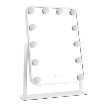 Freestanding vanity makeup mirror with 12 round bulbs and white frame, rectangular glass