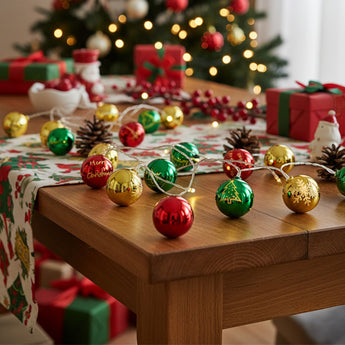 Christmas ball ornament string lights with red, green and gold bulbs on wire