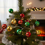 Christmas ball ornament string lights with green, red, gold and tree-shaped bulbs