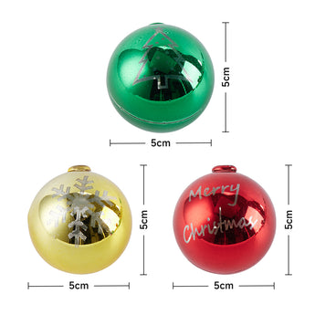 Christmas ball ornament bulbs set: green, gold and red, each 5 cm