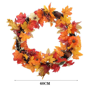 Autumn leaf wreath, 60 cm wide, with pumpkins, berries, and warm lights