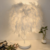 White feather table lamp shade with curved heart stand and crystal drop