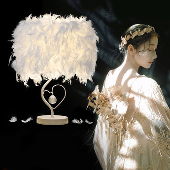 White feather lampshade with heart-shaped stand and crystal ornament