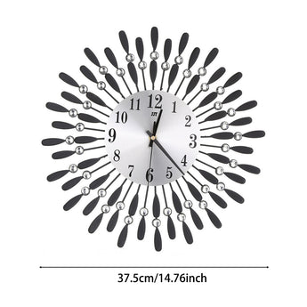 37.5 cm black peacock-style wall clock with a silver face, crystal beads, and silent movement