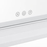 LED touch control strip on vanity mirror base with N, power, and P icons
