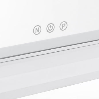 LED touch control strip on vanity mirror base with N, power, and P icons