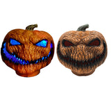 Spooky LED jack-o’-lantern pumpkin, front and side views, blue glowing eyes on orange