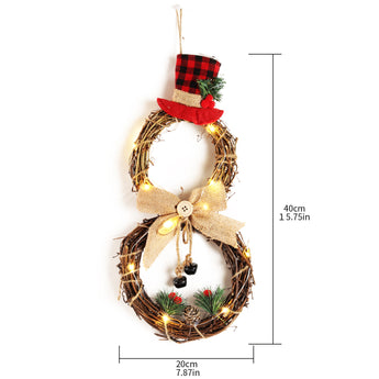 Lighted wreath snowman decor with plaid hat and burlap bow, 40cm tall, 20cm wide