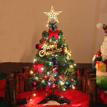 Artificial mini tabletop Christmas tree with gold star topper, red bows, multicolor LED lights