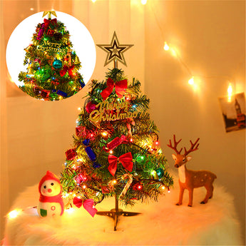 Artificial mini tabletop Christmas tree with gold star topper, Merry Christmas ornament, LED lights