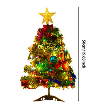 Artificial mini tabletop Christmas tree with gold star topper, multicolor LED lights, and red ornaments